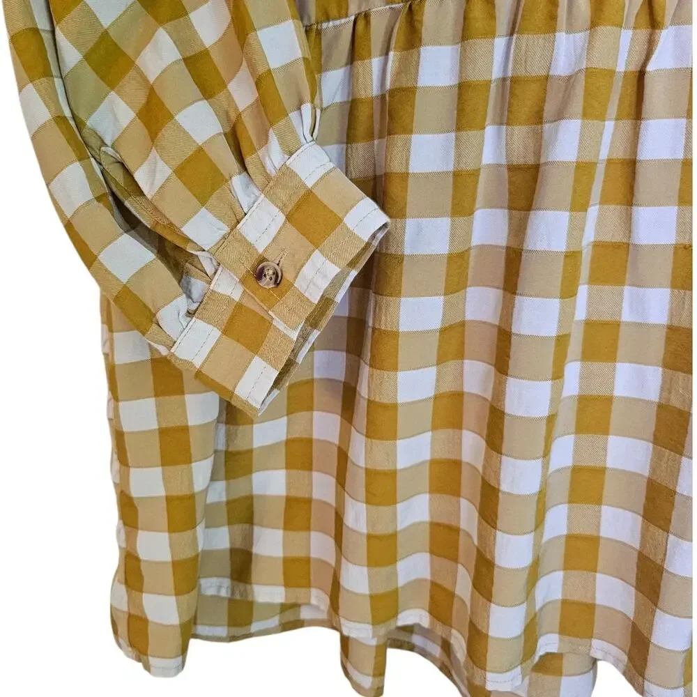 Maeve by Anthropologie April Gingham Mustard Yellow & White Boho Babydoll Blouse